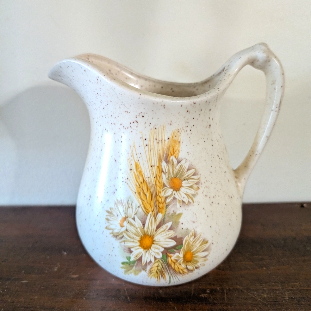 Vintage Pottery Daisy Jug Pitcher Floral Cottagecore Mid Century Modern Design